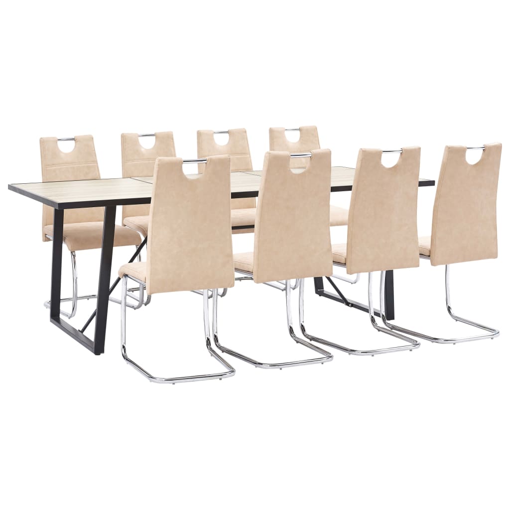 Set de 9 piese masa cu 8 scaune consola de bucatarie, vidaXL, Piele ecologica/Lemn stejar/Otel, 200 x 100 x 75 cm, Crem