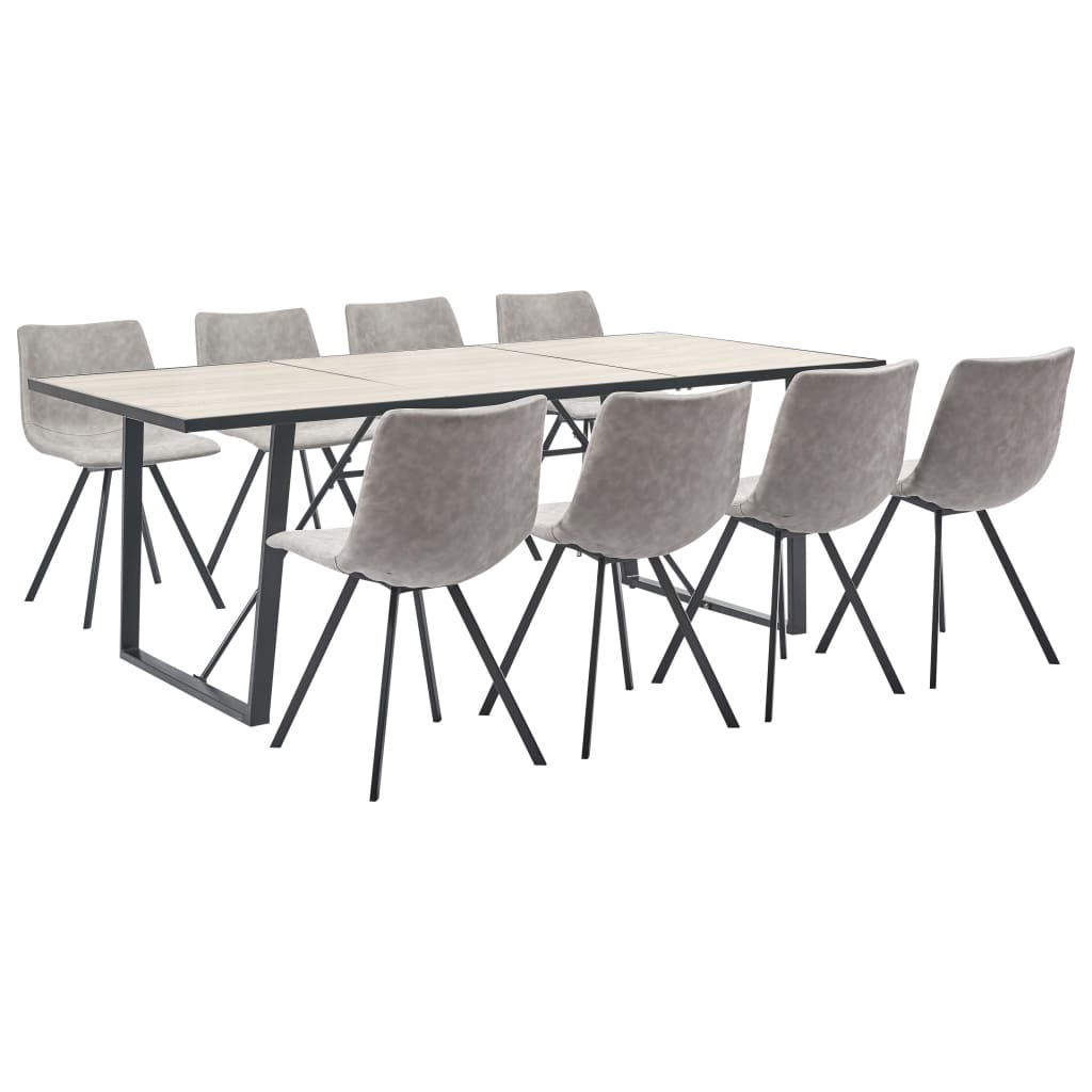 Set de 9 piese masa cu 8 scaune de bucatarie, vidaXL, Piele artificiala/Lemn de stejar/Otel, 200 x 100 x 75 cm, Gri deschis