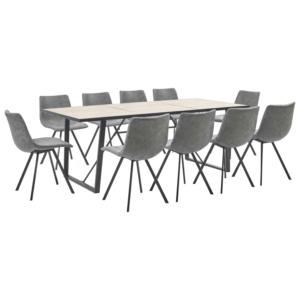 Set de 11 piese masa cu 10 scaune de bucatarie, vidaXL, Piele artificiala/Lemn de stejar/Otel, 200 x 100 x 75 cm, Gri inchis