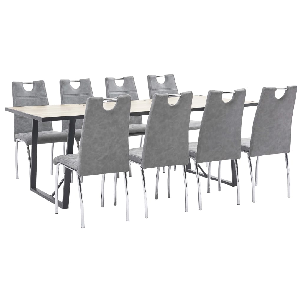Set de 9 piese masa cu 8 scaune de bucatarie, vidaXL, Piele ecologica/Lemn stejar/Otel, 200 x 100 x 75 cm, Gri inchis