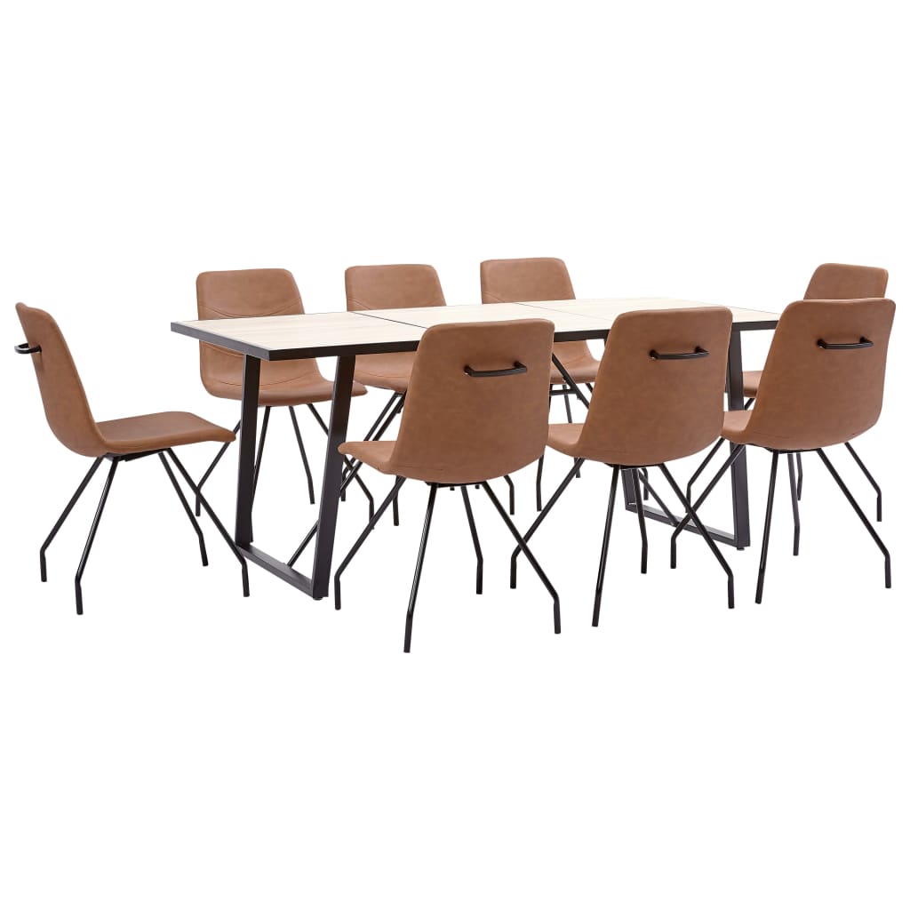 Set de 9 piese masa cu 8 scaune de bucatarie, vidaXL, Piele ecologica/Lemn stejar/Otel, 180 x 90 x 75 cm, Maro mat