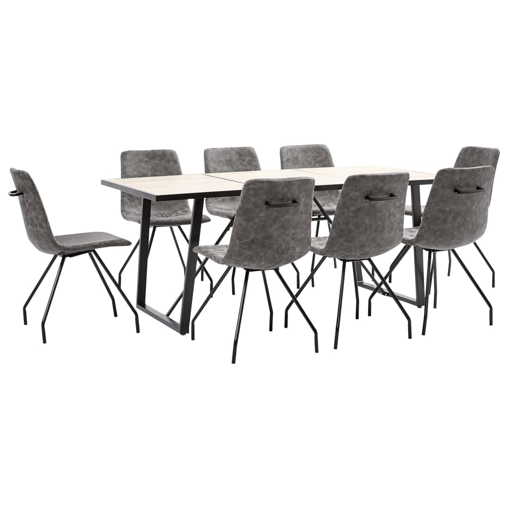 Set de 9 piese masa cu 8 scaune de bucatarie, vidaXL, Piele ecologica/Lemn stejar/Otel, 180 x 90 x 75 cm, Maro