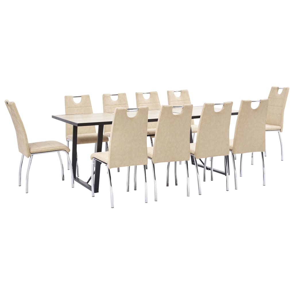 Set de 11 piese masa cu 10 scaune de bucatarie, vidaXL, Piele ecologica/Lemn stejar/Otel, 200 x 100 x 75 cm, Crem