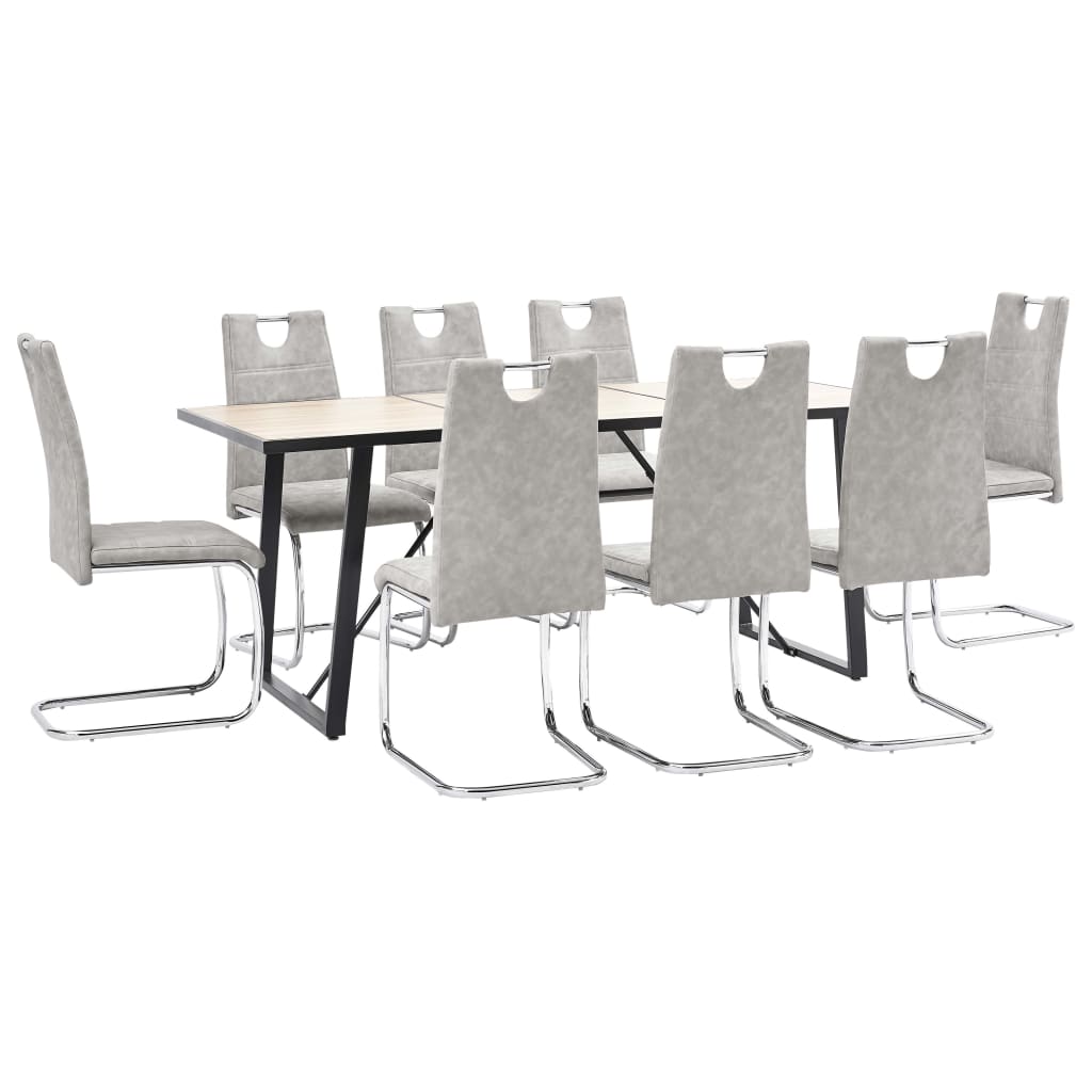 Set de 9 piese masa cu 8 scaune consola de bucatarie, vidaXL, Piele ecologica/Lemn stejar/Otel, 180 x 90 x 75 cm, Gri deschis