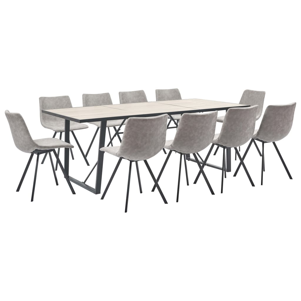 Set de 11 piese masa cu 10 scaune de bucatarie, vidaXL, Piele artificiala/Lemn de stejar/Otel, 200 x 100 x 75 cm, Gri deschis