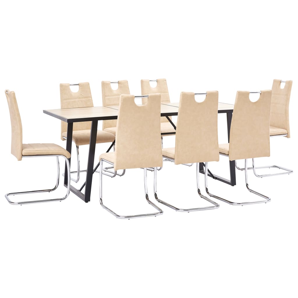 Set de 9 piese masa cu 8 scaune consola de bucatarie, vidaXL, Piele ecologica/Lemn stejar/Otel, 180 x 90 x 75 cm, Crem