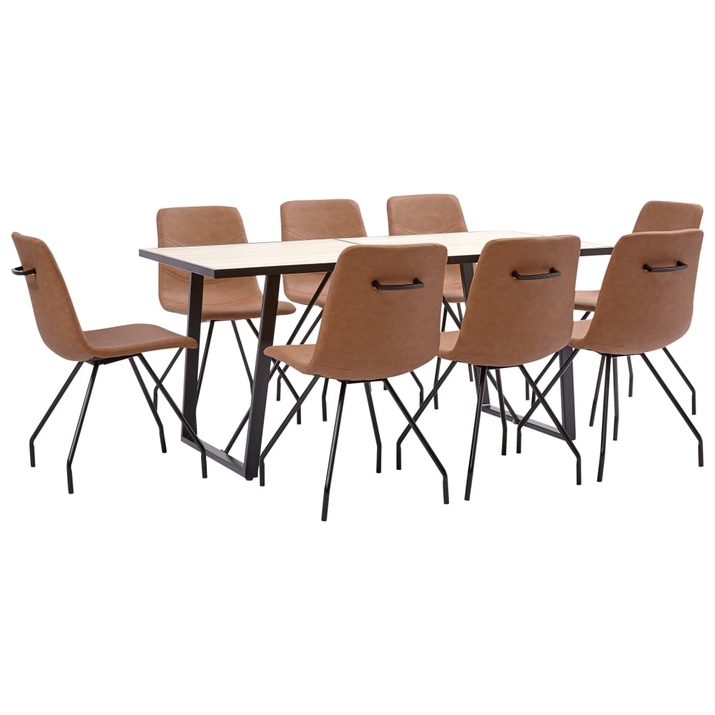 Set de 9 piese masa cu 8 scaune bucatarie, vidaXL, Piele ecologica/Lemn stejar/Otel, 160 x 80 x 75cm, Maro mat