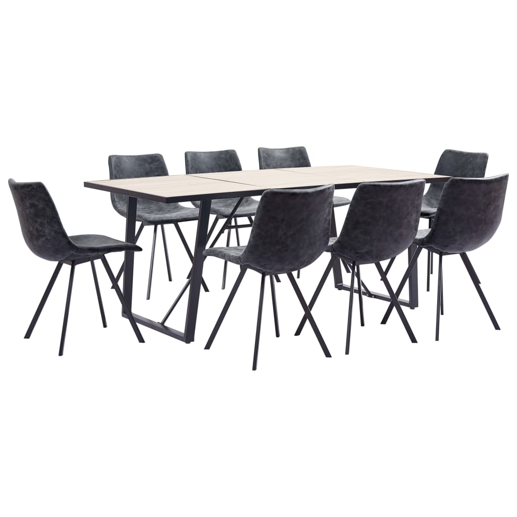 Set de 9 piese masa cu 8 scaune de bucatarie, vidaXL, Piele ecologica/Lemn stejar/Otel, 180 x 90 x 75cm, Negru