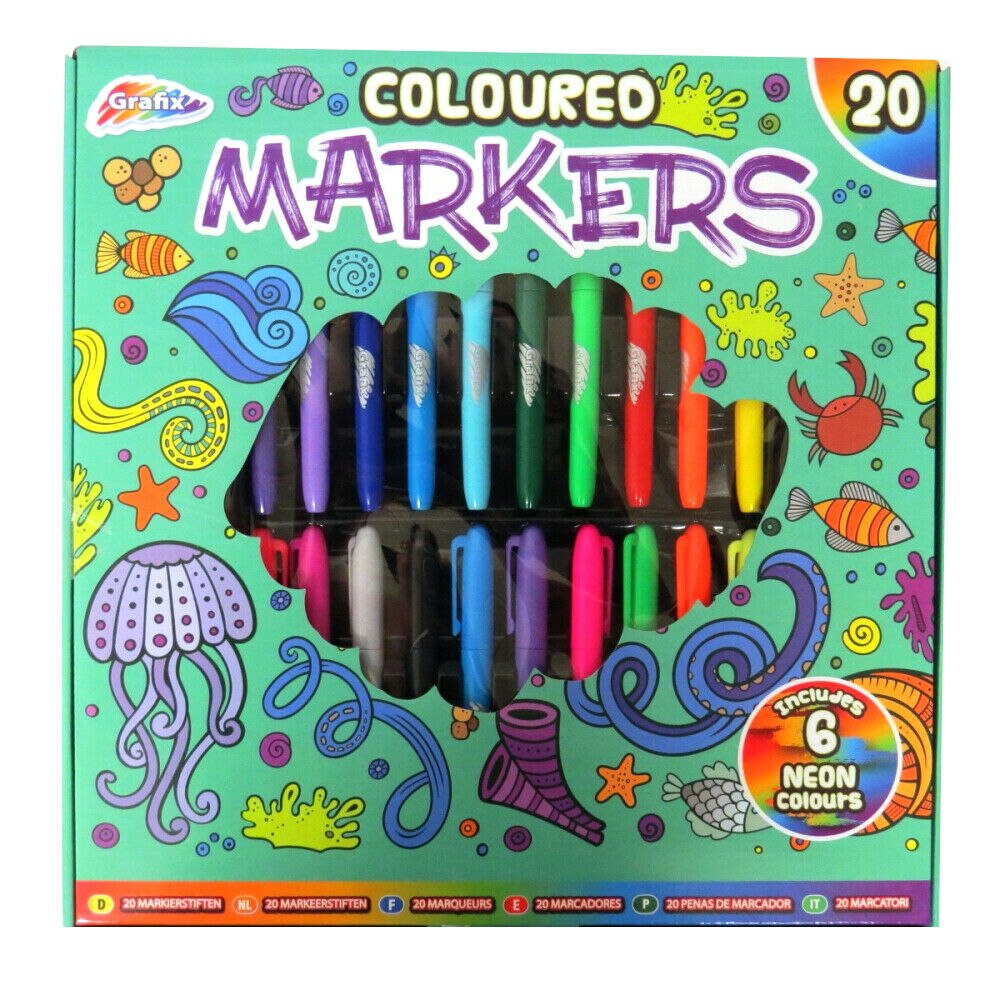 Set markere colorate, 20 bucati, cu 6 culori neon, Grafix, R04-0094