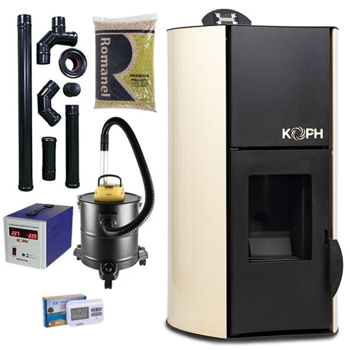 Pachet termosemineu cu peleti KOPH PM 25 kW Fiama, 170 mp, buncar peleti 25 kg, diametru cos fum ⌀80 mm, pompa recirculare si vas expansiune incorporate, Crem
