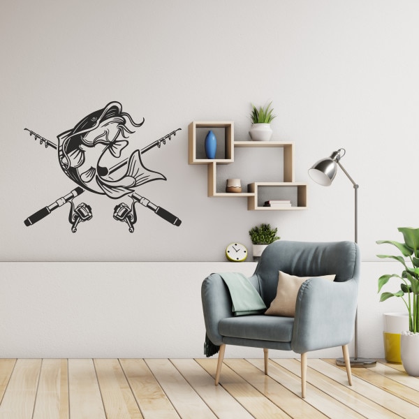 Sticker pentru perete, cu peste si lansete, somn, pentru pescari, negru ...