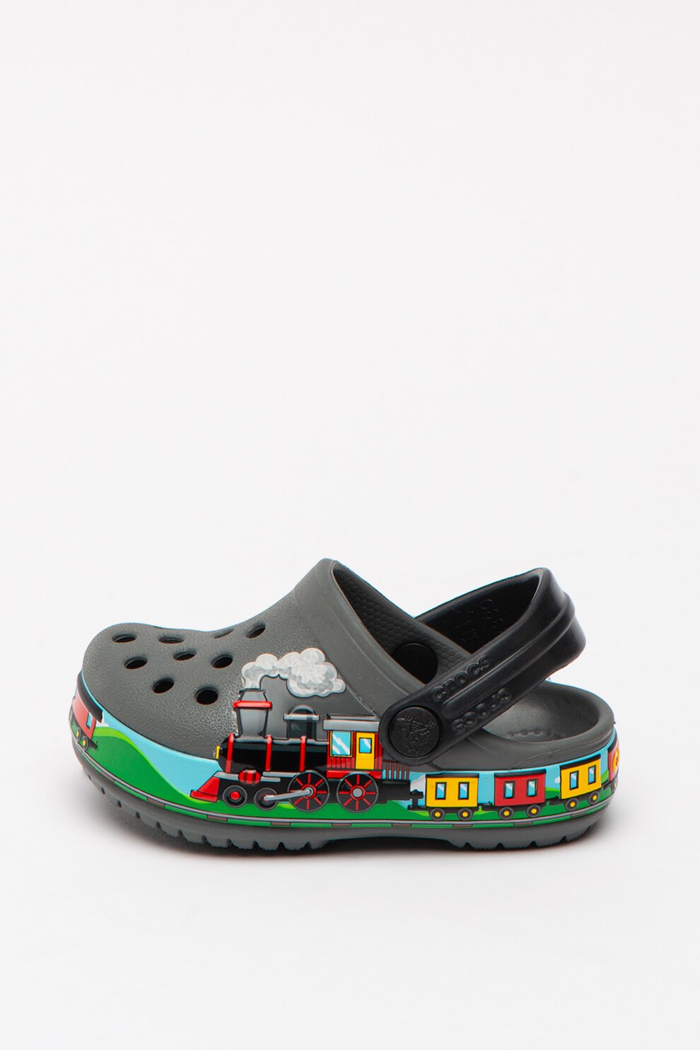 Crocs, Saboti slingback cu imprimeu tren in relief, Gri antracit/Albastru/Rosu, 23-24 EU