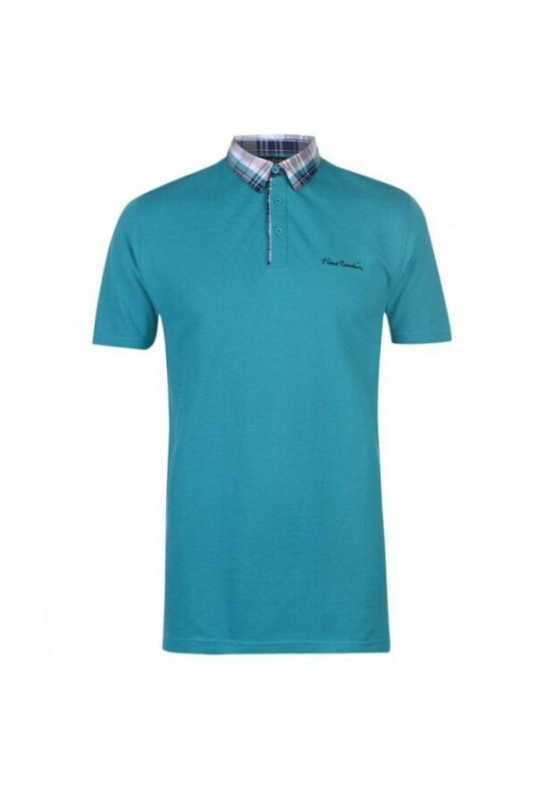 Tricou polo pentru barbati, Pierre Cardin, Bumbac, Guler in carouri, Turcoaz, 2XL, Albastru petrol