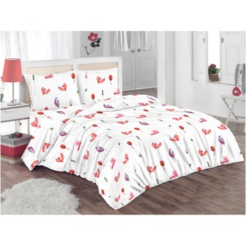 Set lenjerie de pat (cearsaf + husa pilota + 2 huse perne) pentru pat de dimensiuni 160x200 cm, 132TC, 100% bumbac, alb/rosu/mov Set lenjerie de pat (cearsaf + husa pilota + 2 huse perne) pentru pat de dimensiuni 160x200 cm, 132TC, 100% bumbac, alb/rosu/mov