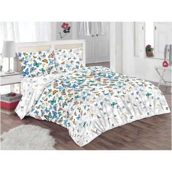 Set lenjerie de pat (cearsaf + husa pilota + 2 huse perne) pentru pat de dimensiuni 160x200 cm, 132TC, 100% bumbac, imprimeu fluturi, multicolor Set lenjerie de pat (cearsaf + husa pilota + 2 huse perne) pentru pat de dimensiuni 160x200 cm, 132TC, 100% bumbac, imprimeu fluturi, multicolor