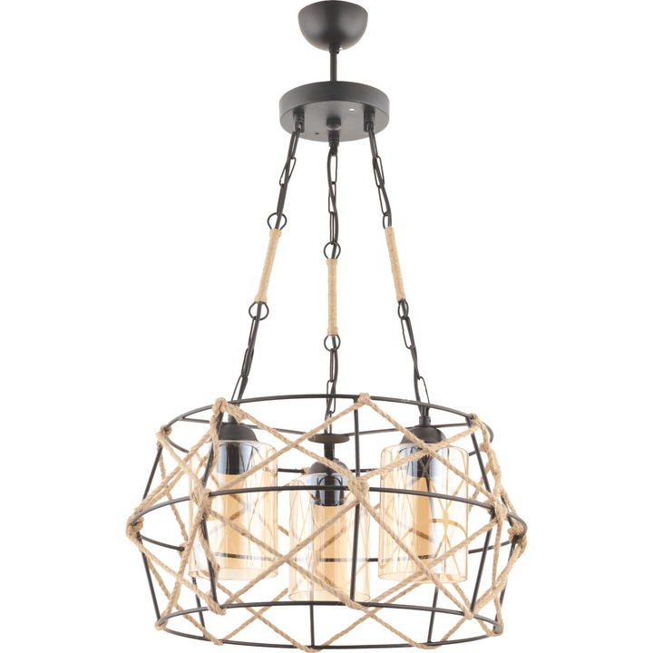 Corp iluminat Rustic cu 3 becuri din metal de culoare neagra acoperit cu fringhie