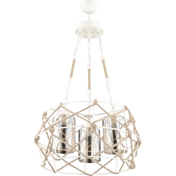Suspensie Rustic cu 3 becuri din metal de culoare alba acoperita partial cu funie Suspensie Rustic cu 3 becuri din metal de culoare alba acoperita partial cu funie