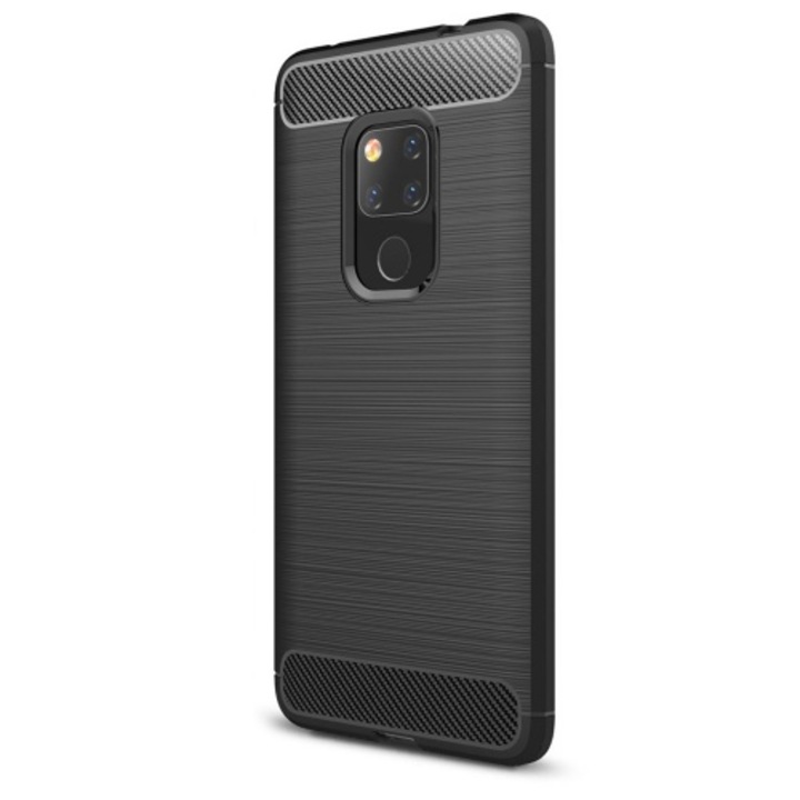 Hátlapvédő telefontok gumi / szilikon (közepesen ütésálló, légpárnás sarok, szálcsiszolt, karbonminta) Fekete [Huawei Mate 20]