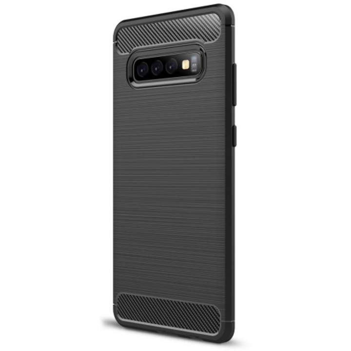Hátlapvédő telefontok gumi / szilikon (közepesen ütésálló, légpárnás sarok, szálcsiszolt, karbonminta) Fekete [Samsung Galaxy S10+ Plus (SM-G975)]