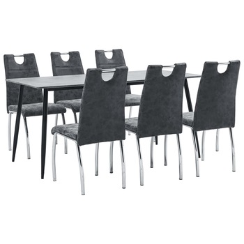 Set mobilier de bucatarie cu 1 masa si 6 scaune cu maner tapitate cu piele ecologica, vidaXL, Piele artificiala, 45 x 60 x 94 cm, Negru