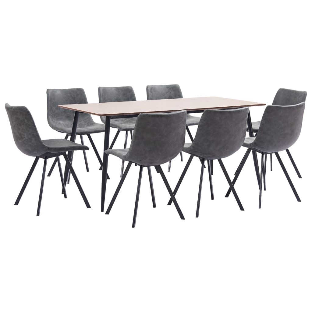Set mobilier de living 9 piese, masa cu 8 scaune, vidaXL, Piele ecologica/MDF/Otel, 180 x 90 x 75 cm, Gri inchis