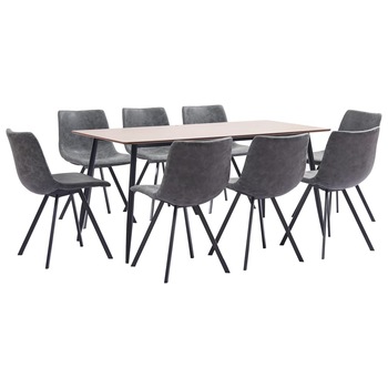 Set mobilier de living 9 piese, masa cu 8 scaune, vidaXL, Piele ecologica/MDF/Otel, 180 x 90 x 75 cm, Gri inchis Set mobilier de living 9 piese, masa cu 8 scaune, vidaXL, Piele ecologica/MDF/Otel, 180 x 90 x 75 cm, Gri inchis
