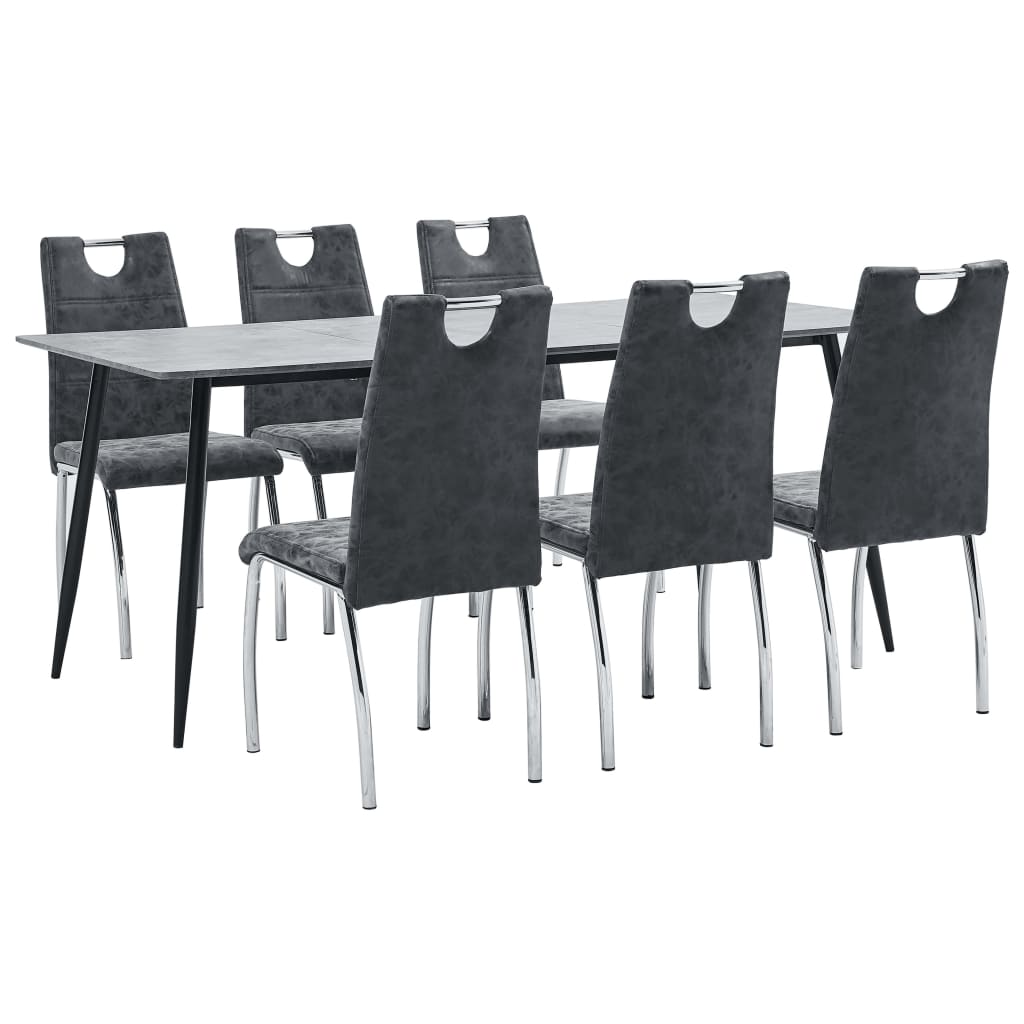 Set mobilier de living 7 piese, masa cu 6 scaune, vidaXL, Piele artificiala, 180 x 90 x 75 cm, Gri inchis