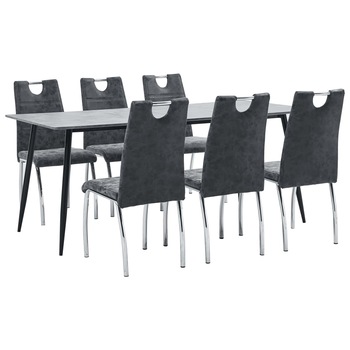 Set mobilier de living 7 piese, masa cu 6 scaune, vidaXL, Piele artificiala, 180 x 90 x 75 cm, Gri inchis Set mobilier de living 7 piese, masa cu 6 scaune, vidaXL, Piele artificiala, 180 x 90 x 75 cm, Gri inchis