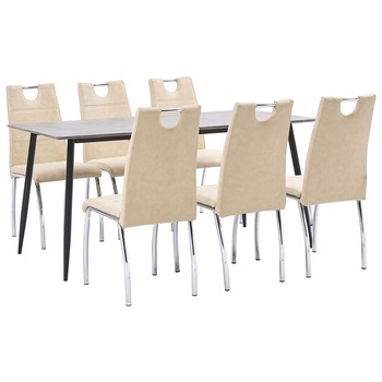 Set mobilier de bucatarie cu 1 masa si 6 scaune cu maner tapitate cu piele ecologica, vidaXL, Piele artificiala, 45 x 60 x 94 cm, Crem