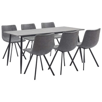 Set mobilier de bucatarie cu 1 masa si 6 scaune tapitate cu piele ecologica, vidaXL, Piele artificiala, 160 x 80 x 75 cm, Gri Set mobilier de bucatarie cu 1 masa si 6 scaune tapitate cu piele ecologica, vidaXL, Piele artificiala, 160 x 80 x 75 cm, Gri