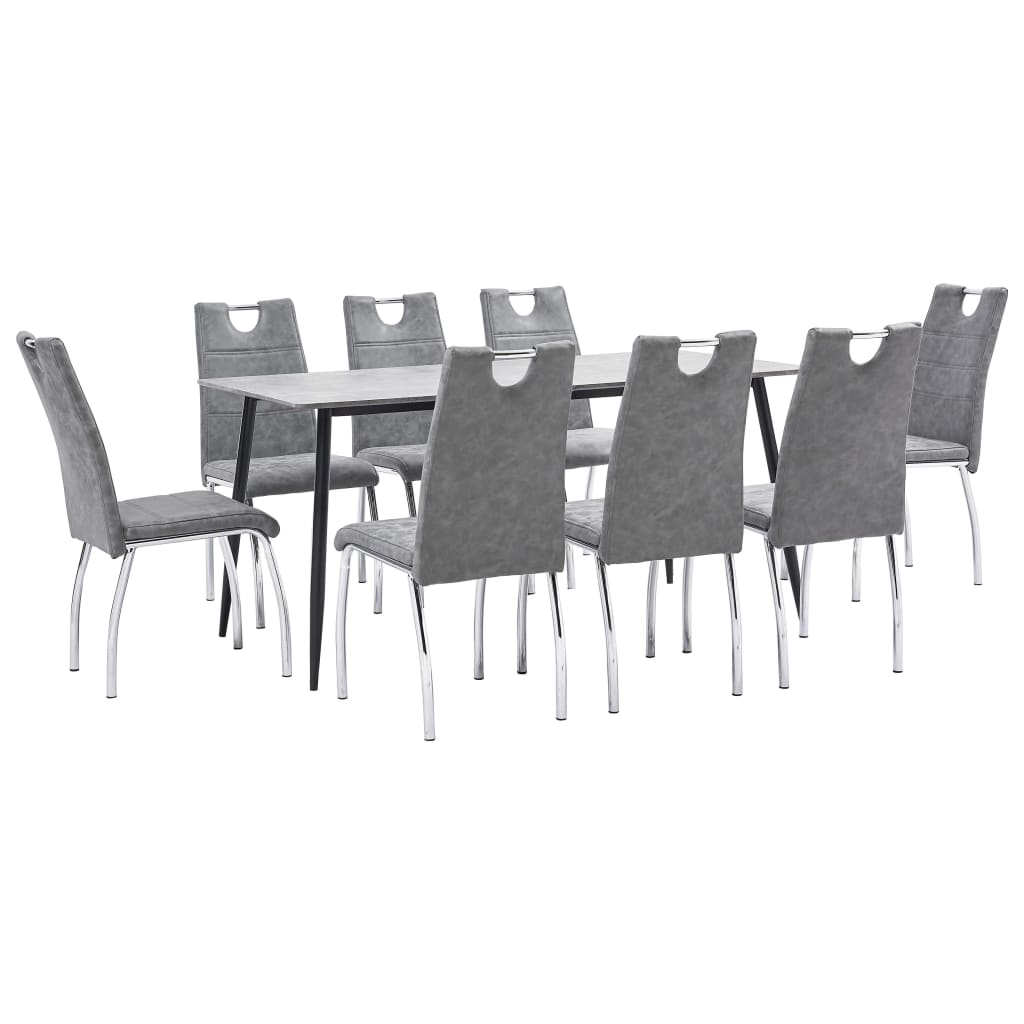 Set mobilier de bucatarie cu 1 masa si 8 scaune cu maner tapitate cu piele ecologica, vidaXL, Piele artificiala, 45 x 60 x 94cm, Gri