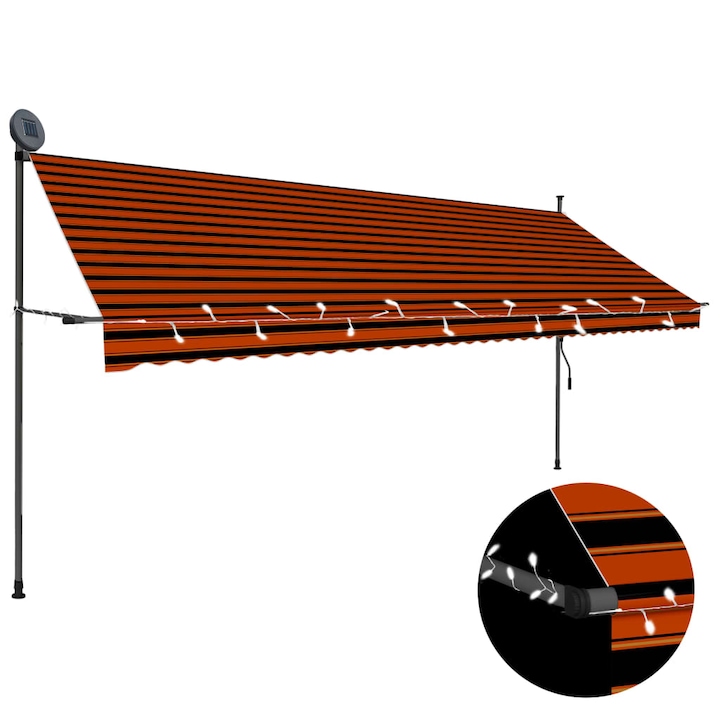 vidaXL narancssárga-barna csíkos manuális napellenző LED-csíkkal 400 x 120 cm
