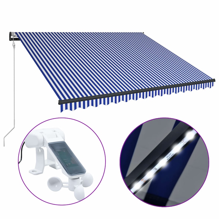 vidaXL kék-fehér csíkos napellenző szélérzékelővel és LED-szalaggal 450 x 300 cm