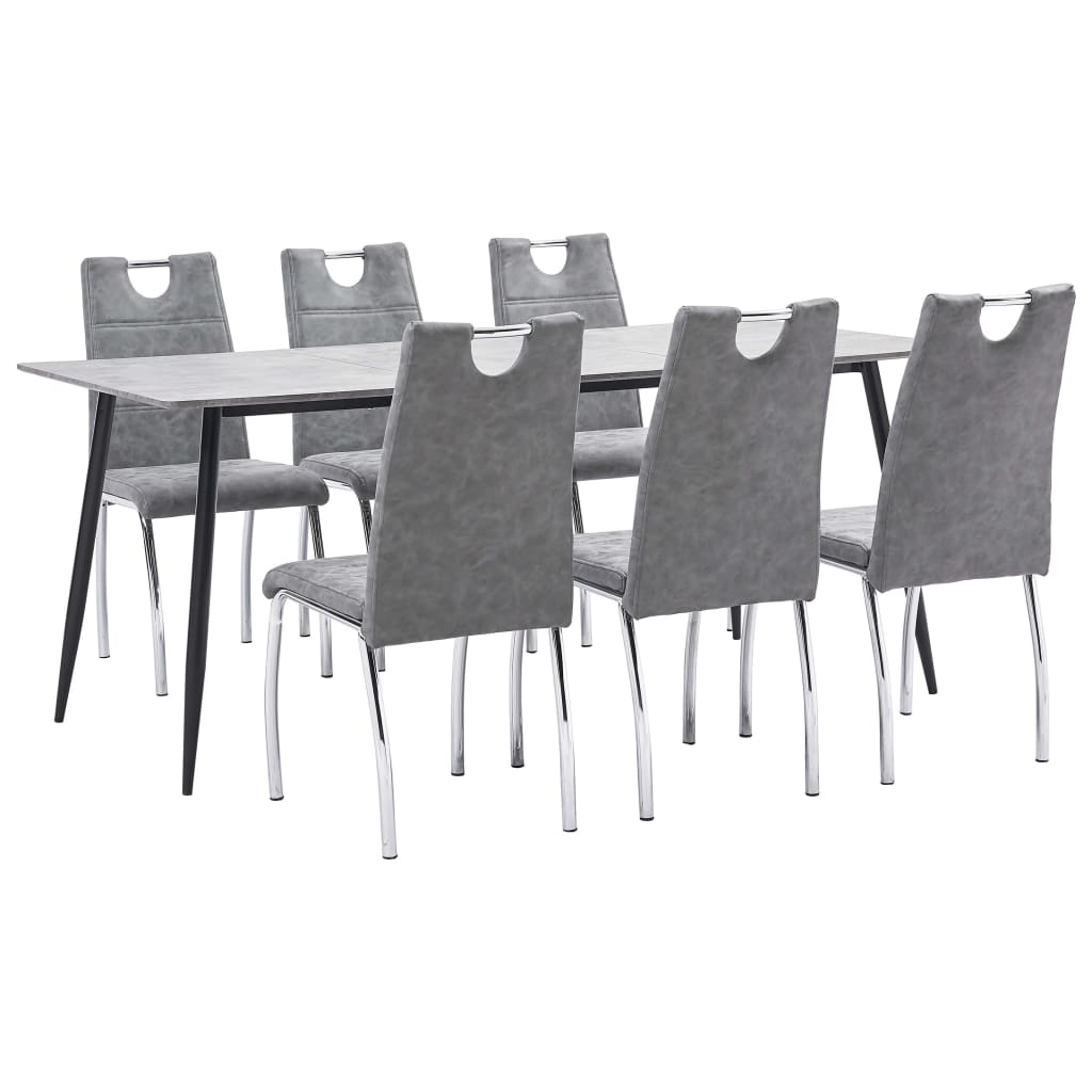 Set mobilier de living 7 piese, masa cu 6 scaune, vidaXL, Piele artificiala, 180 x 90 x 75 cm, Gri deschis