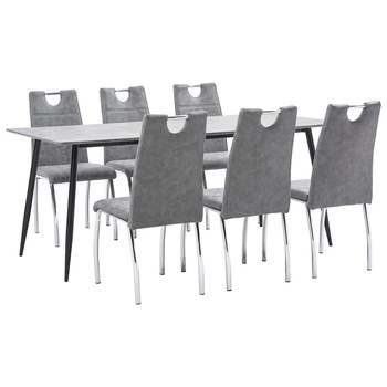 Set mobilier de living 7 piese, masa cu 6 scaune, vidaXL, Piele artificiala, 180 x 90 x 75 cm, Gri deschis Set mobilier de living 7 piese, masa cu 6 scaune, vidaXL, Piele artificiala, 180 x 90 x 75 cm, Gri deschis