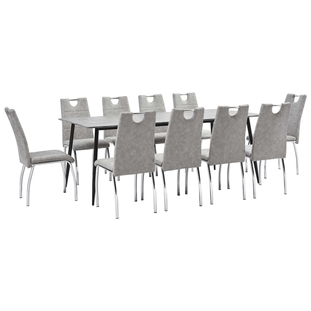 Set de masa de bucatarie cu 10 scaune cu maner tapitate, vidaXL, Piele artificiala, 45 x 60 x 94 cm, Gri deschis