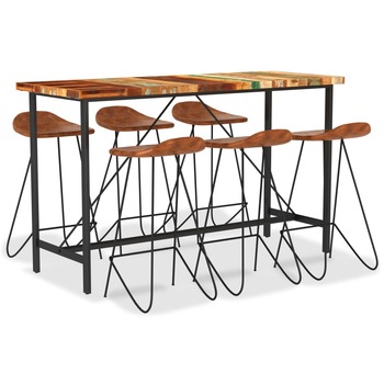 Set mobilier de bar cu 1 masa si 6 scaune inalte tapitate, vidaXL, Lemn, 180 x 70 x 107 cm, Maro Set mobilier de bar cu 1 masa si 6 scaune inalte tapitate, vidaXL, Lemn, 180 x 70 x 107 cm, Maro