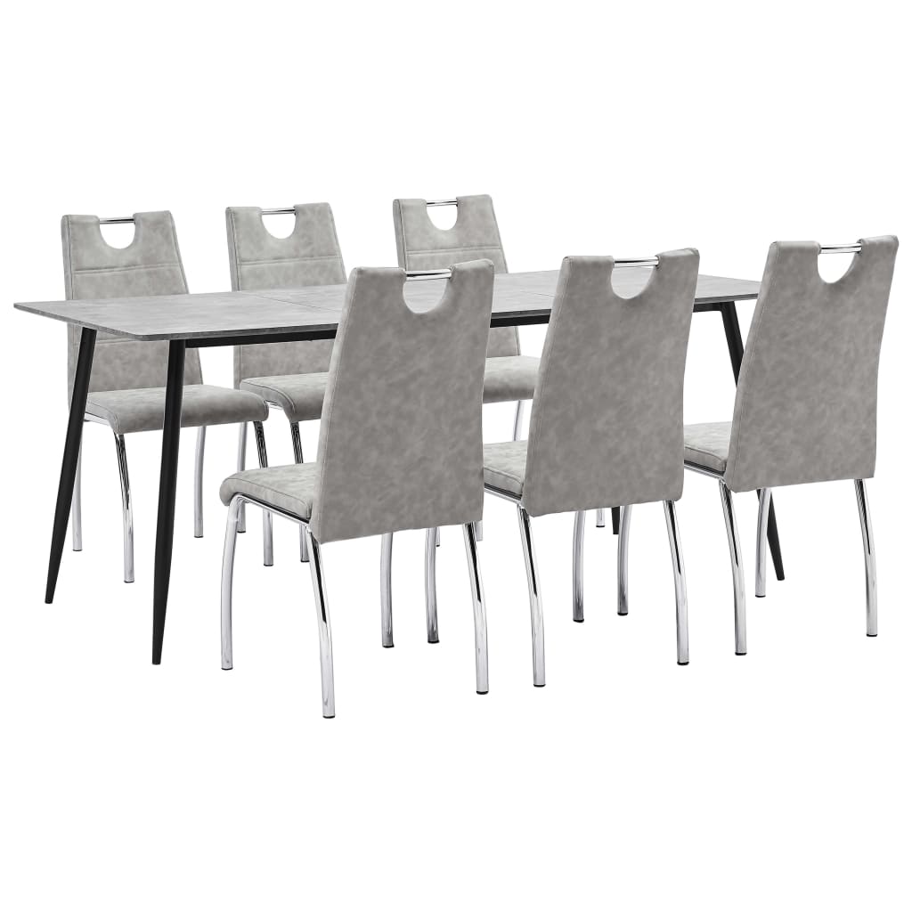 Set mobilier de living 7 piese, masa cu 6 scaune, vidaXL, Piele artificiala, 180 x 90 x 75 cm, Gri/Negru