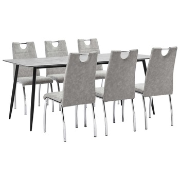 Set mobilier de living 7 piese, masa cu 6 scaune, vidaXL, Piele artificiala, 180 x 90 x 75 cm, Gri/Negru Set mobilier de living 7 piese, masa cu 6 scaune, vidaXL, Piele artificiala, 180 x 90 x 75 cm, Gri/Negru
