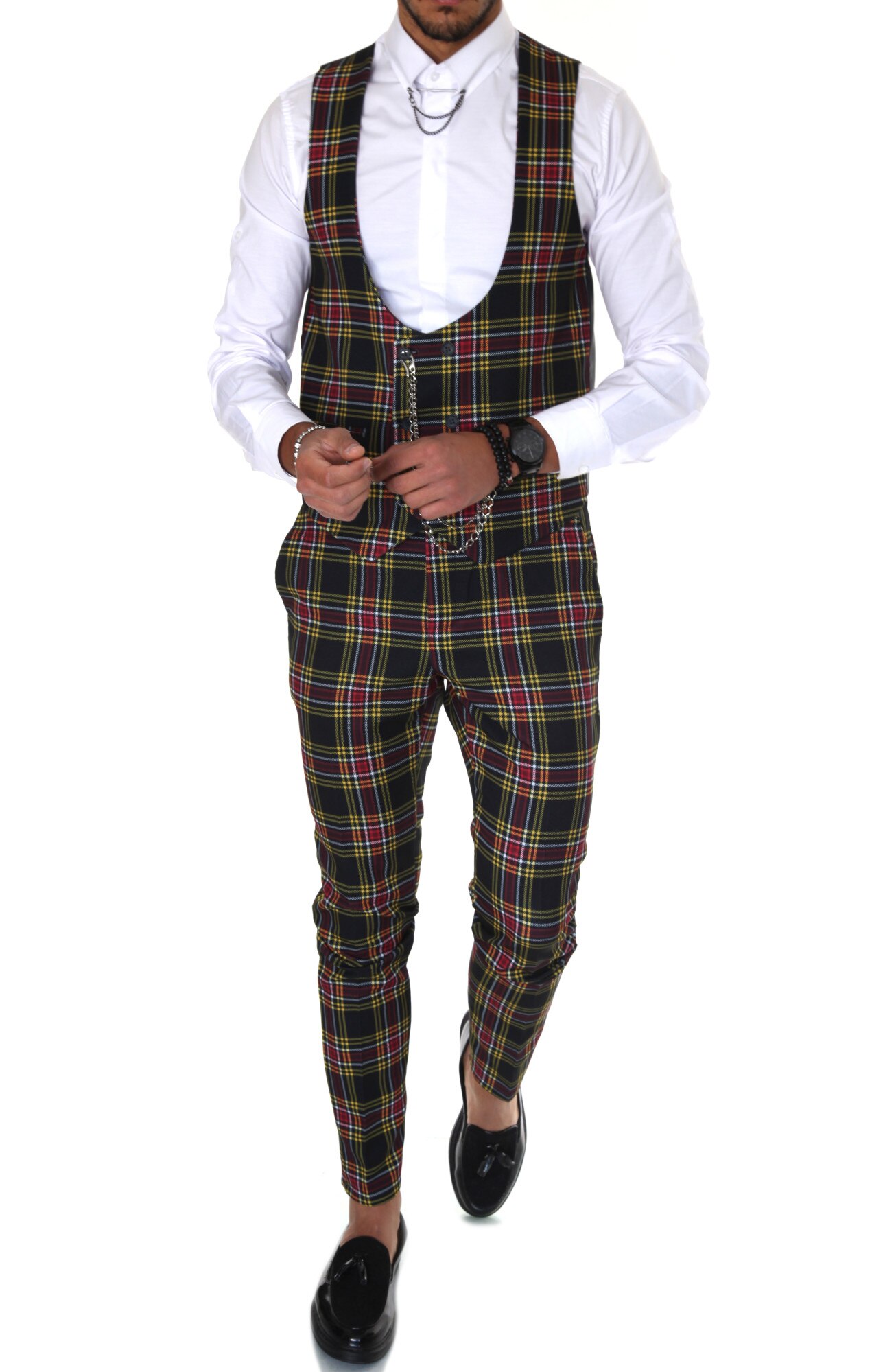 Costum in carouri B1461, pentru barbati, elegant, slim fit, vesta, pantaloni, negru, 40