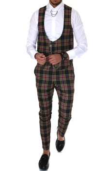 Costum in carouri B1461, pentru barbati, elegant, slim fit, vesta, pantaloni, negru, 40 Costum in carouri B1461, pentru barbati, elegant, slim fit, vesta, pantaloni, negru, 40