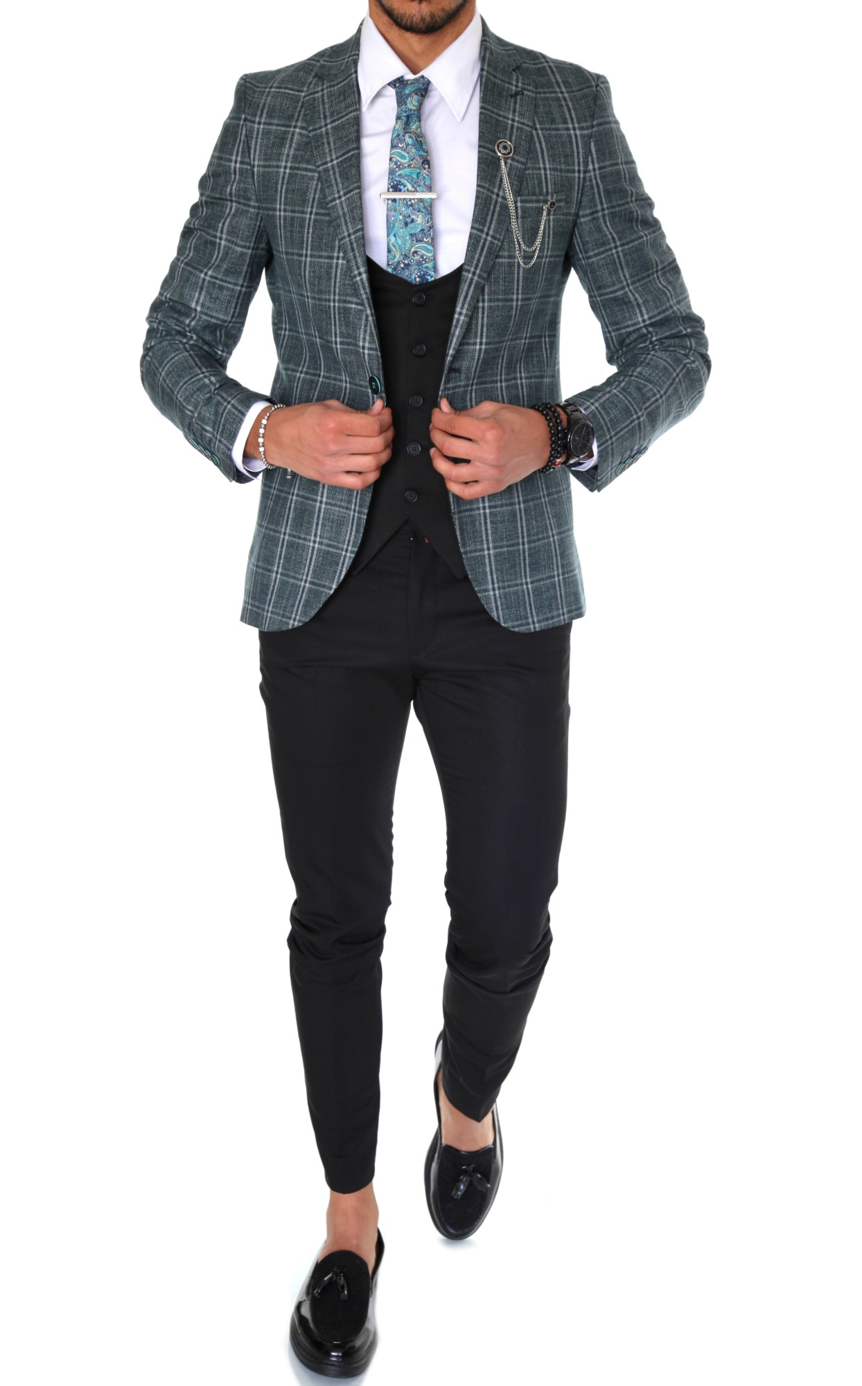 Costum B1488, pentru barbati, elegant, slim fit, sacou, vesta, pantaloni, verde