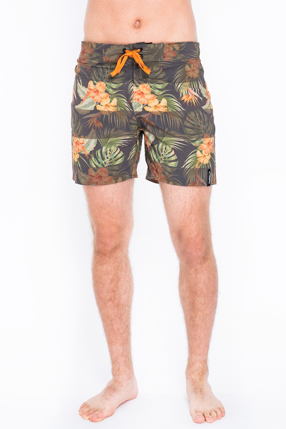 Fundango, Pantaloni scurti de baie cu model si snur de ajustare in talie Salimu, Verde militar/Galben