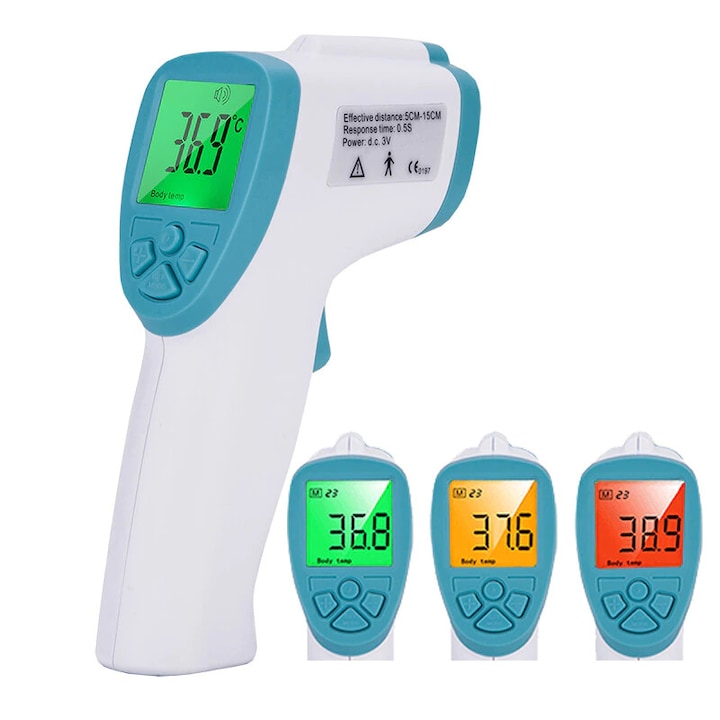 Медицински Безконтактен термометър Techniker FI06, Измерване за 1 секунда, Дисплей с три цвята, Син