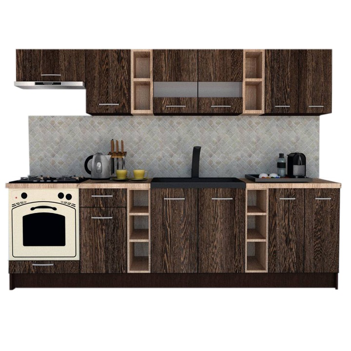 Set Bucatarie Marina New 280 B, Wenge / Decor 7648, 280 x 195-230 x 60 cm