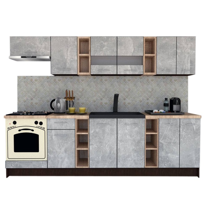 Set Bucatarie Marina New 280 B, Wenge / Decor 4298, 280 x 195-230 x 60 cm