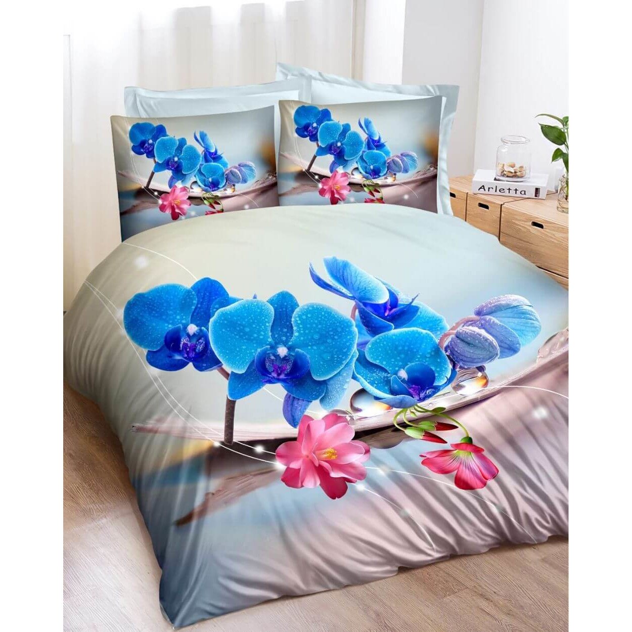 Lenjerie 3D Bumbac Satinat, 4 Piese, Pat 2 Persoane, Arletta