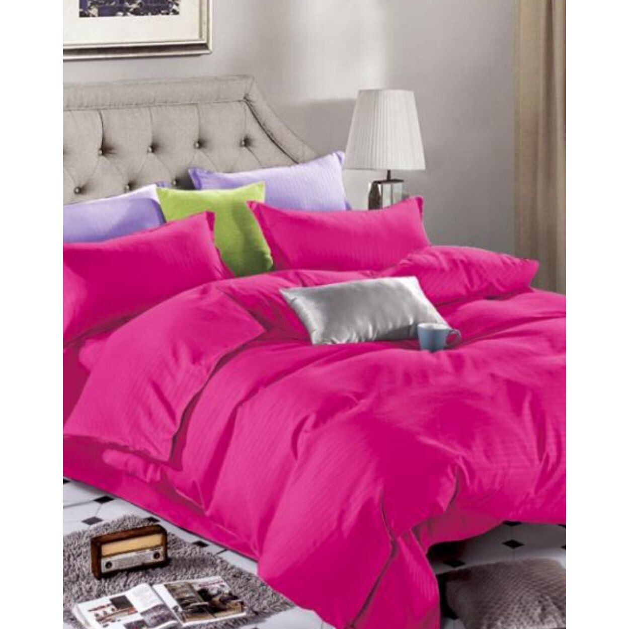 Set Lenjerie din Damasc, 4 Piese, Pat Dublu, Magenta