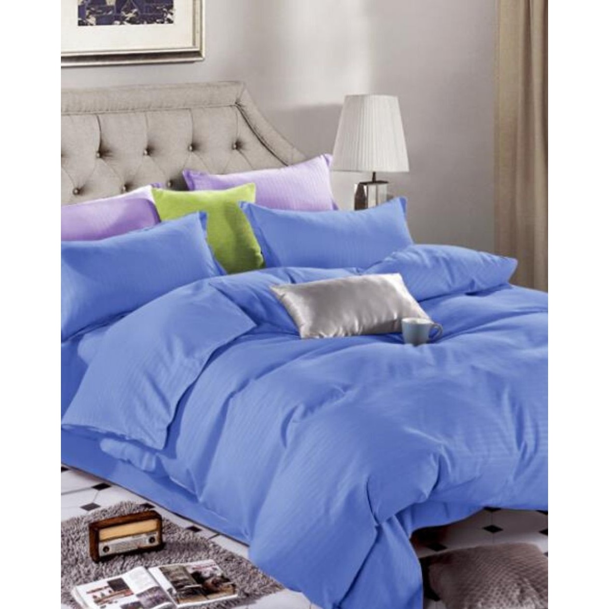 Set Lenjerie din Damasc, 4 Piese, Pat Dublu, Albastru