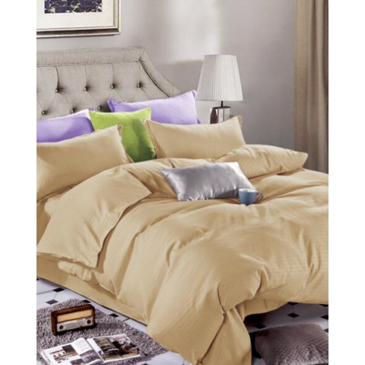 Set Lenjerie din Damasc, 4 Piese, Pat Dublu, Bej